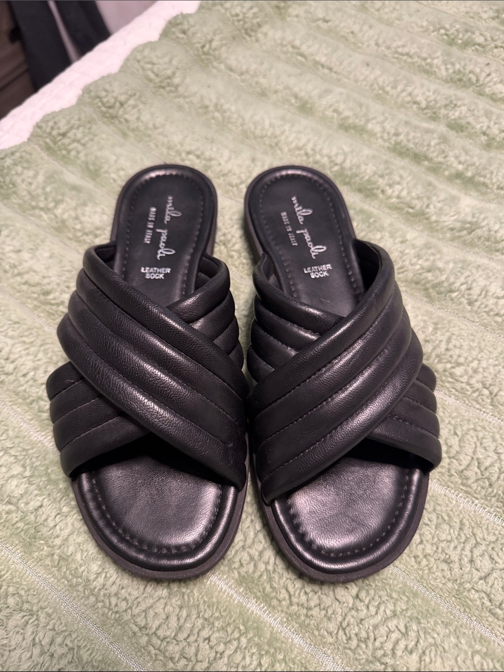 NWOT Mila Paoli Black Quilted Leather Slide Mules